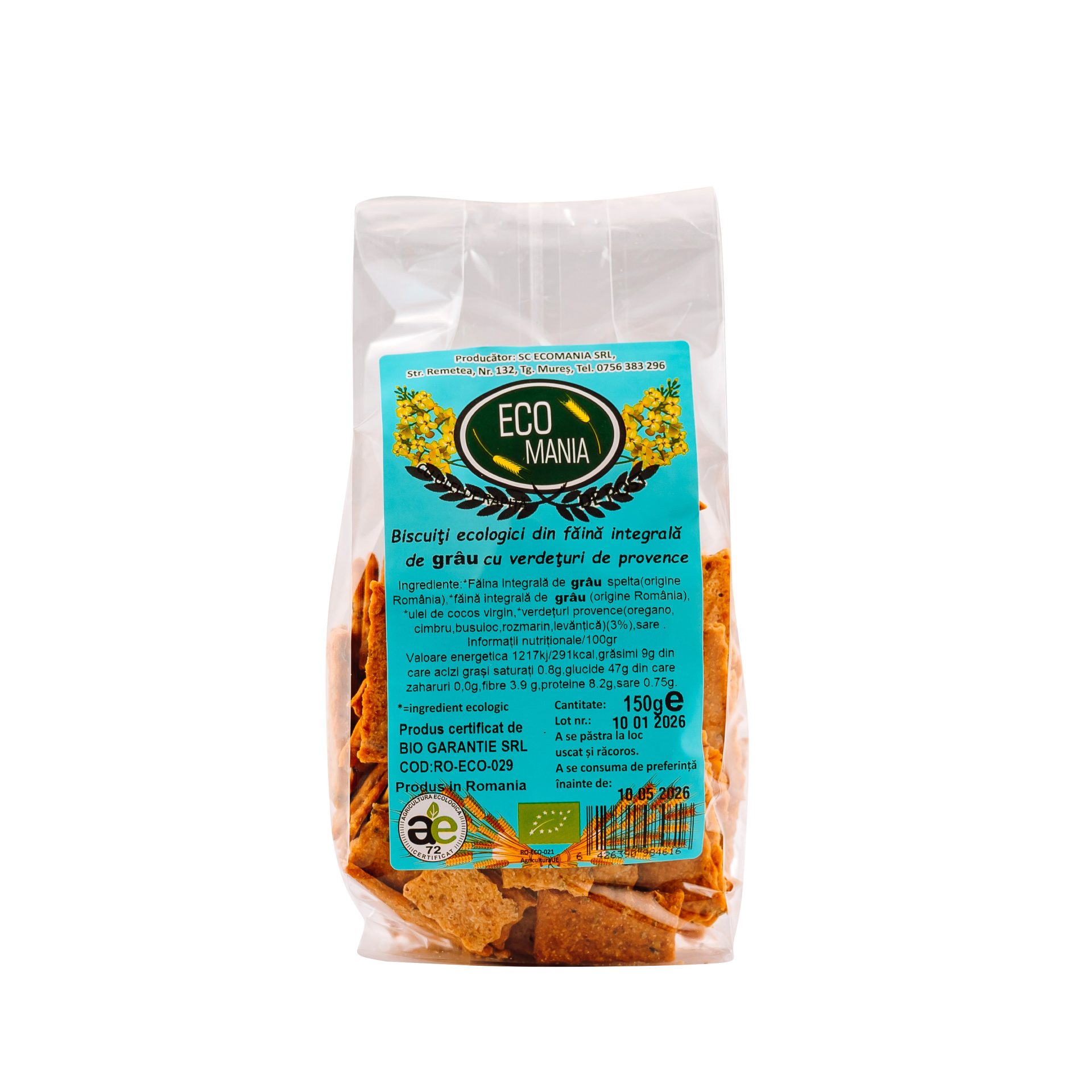 Biscuiti ecologici din faina integrala de grau cu  verdeturi provanse 150g