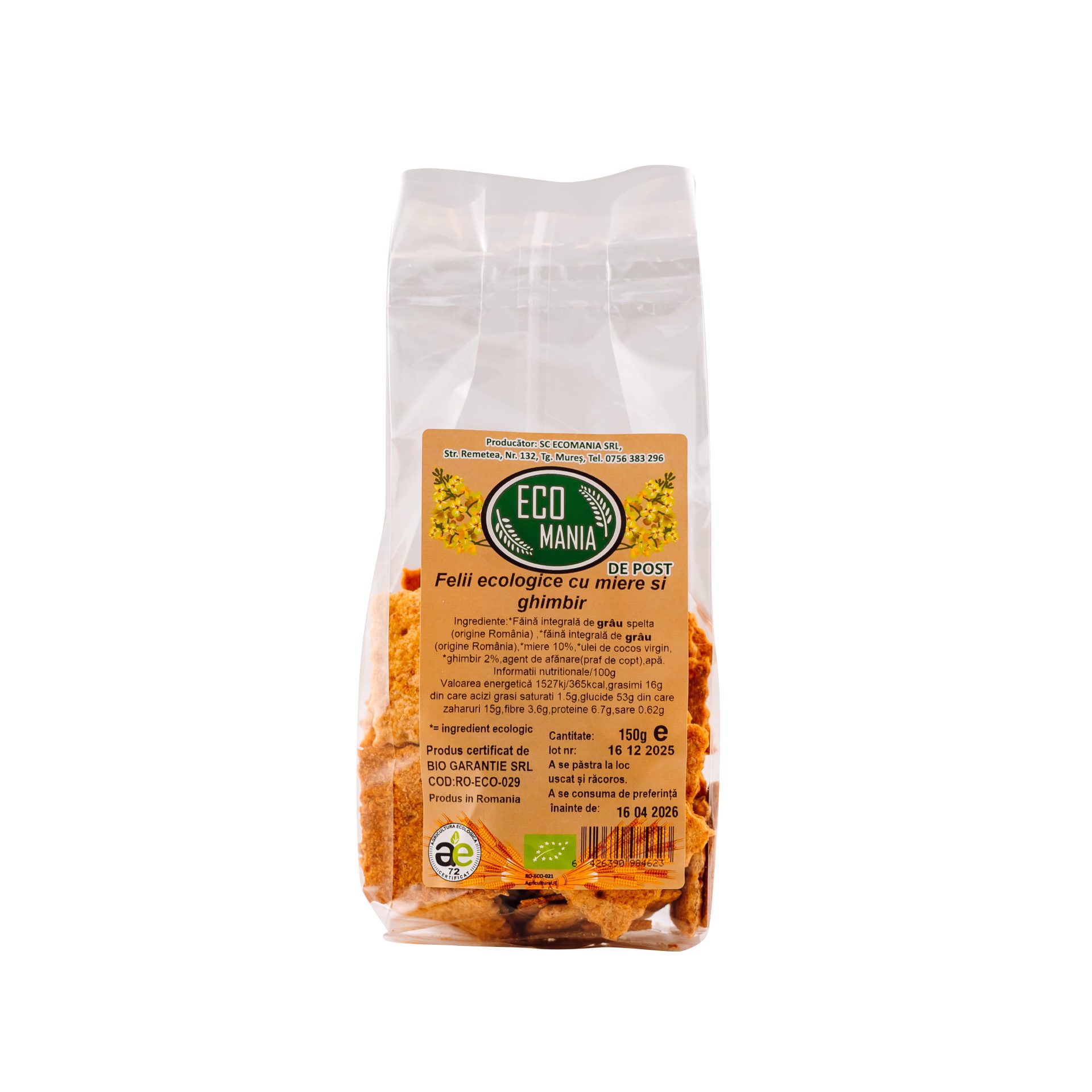 Felii ecologice cu miere si ghimbir 150g